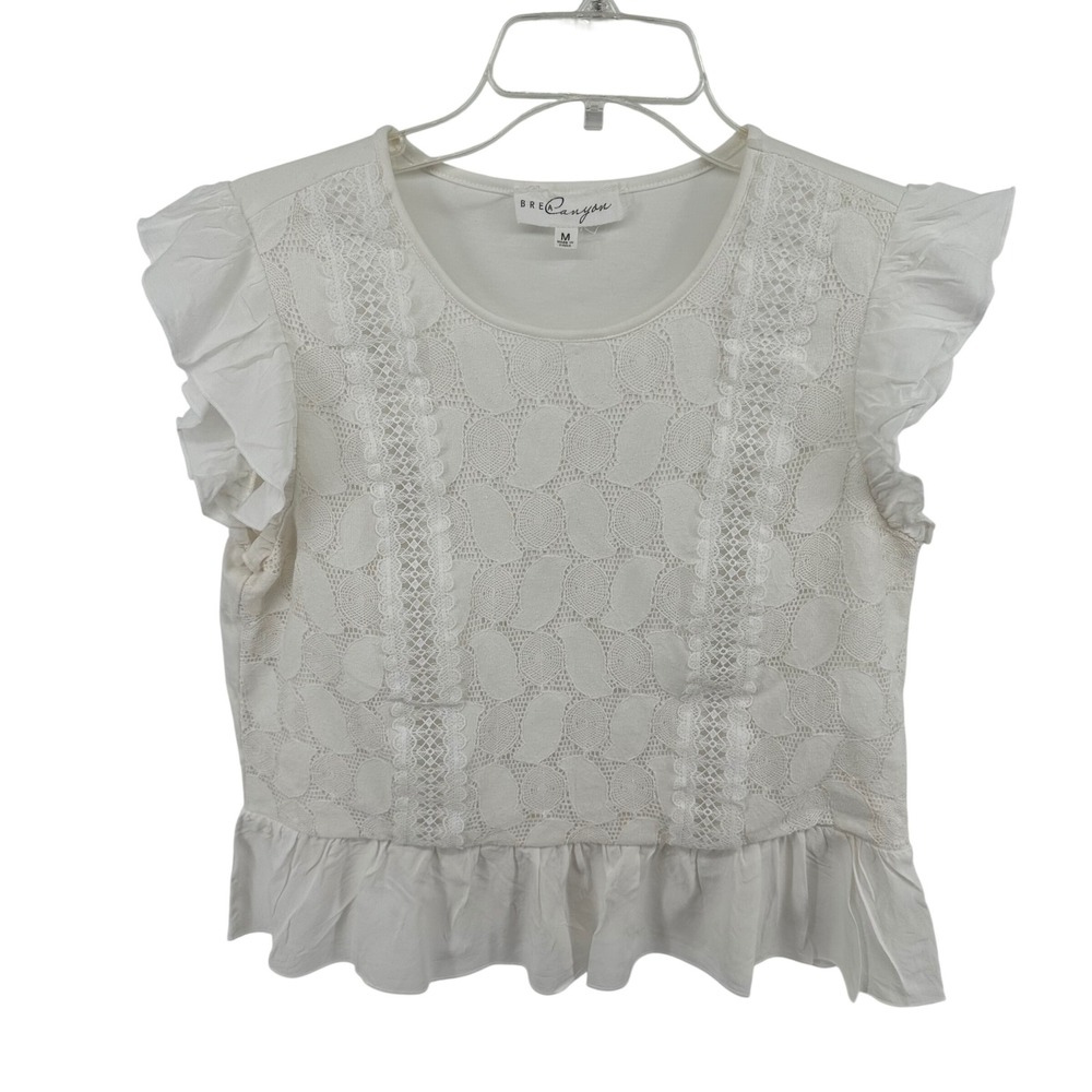 Brea Canyon White Lace Flutter Sleeve Ruffle Hem Top L21K2120SF Women's M‎